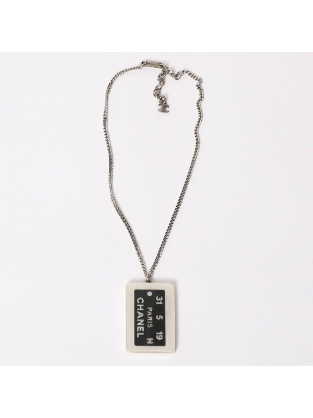 Chanel Plate Necklace White Silver Chain